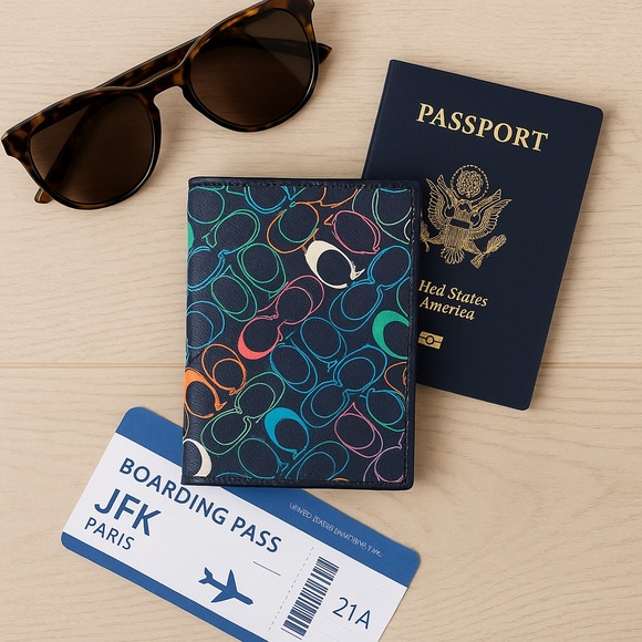 Coach Multicolor Signature Print Passport/Wallet – Navy with Rainbow C’s - Picture 1 of 7